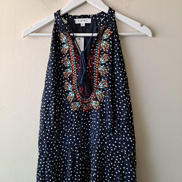 NWT THML Maddox Dress Polka Dot Embroidered Sleeveless Maxi Navy Womens Size XLP - Picture 5 of 12